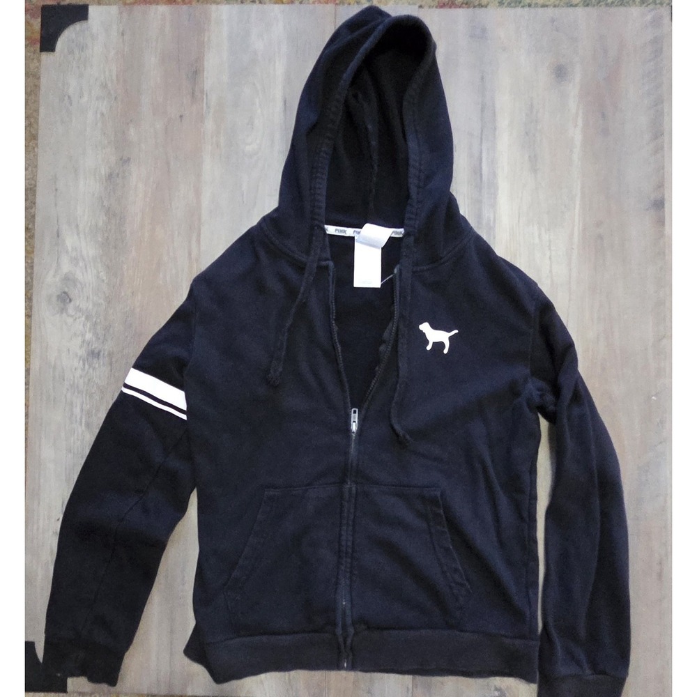 PINK Black Full Zip Jacket Women M With Logo Sleeve And Dog Emblem On Chest